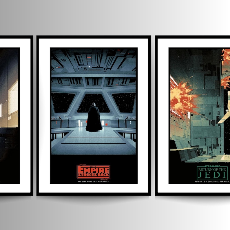 May include: Three movie posters for the Star Wars saga. The first poster is for "The Empire Strikes Back" and features Darth Vader standing in a dark room. The second poster is for "Return of the Jedi" and features a spaceship exploding in space. The third poster is for "Star Wars: Episode IV - A New Hope" and features a scene from the film.