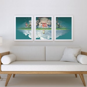 May include: Three framed prints of a colorful anime scene with a group of characters standing on a green field with a blue sky and white clouds. The middle print shows a large character with a red and white outfit. The bottom of the prints show a reflection of the scene with a single character standing on a cloud.