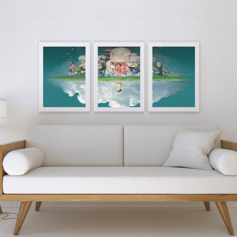 May include: Three framed prints of a colorful anime scene with a group of characters standing on a green field with a blue sky and white clouds. The middle print shows a large character with a red and white outfit. The bottom of the prints show a reflection of the scene with a single character standing on a cloud.