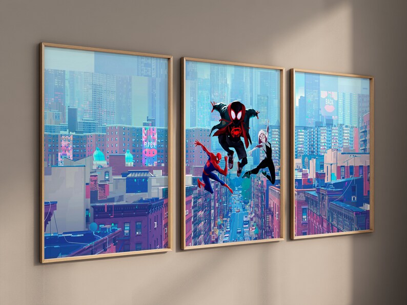 May include: Three Spider-Man characters, including Miles Morales, are shown in a cityscape setting. The characters are in mid-air, swinging from webs. The background is a colorful cityscape with buildings and streets.