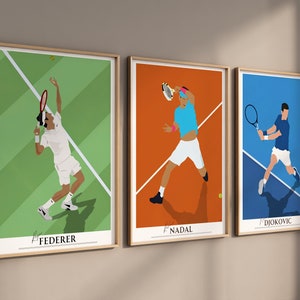 Tennis Poster Framed Set of 3 Wall Art, Nadal, Federer, Djokovic, Sports Legends in action at Grand Slam Tournaments Tennis Gift, Tennis Art