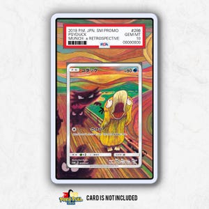Puede incluir: Una tarjeta coleccionable graduada con una ilustraci&oacute;n de Psyduck inspirada en "El Grito" de Edvard Munch. La tarjeta est&aacute; dentro de un soporte protector con el texto "2018 P.M. JPN. SM PROMO PSYDUCK MUNCH: a RETROSPECTIVE." La tarjeta est&aacute; calificada GEM MT 10.
