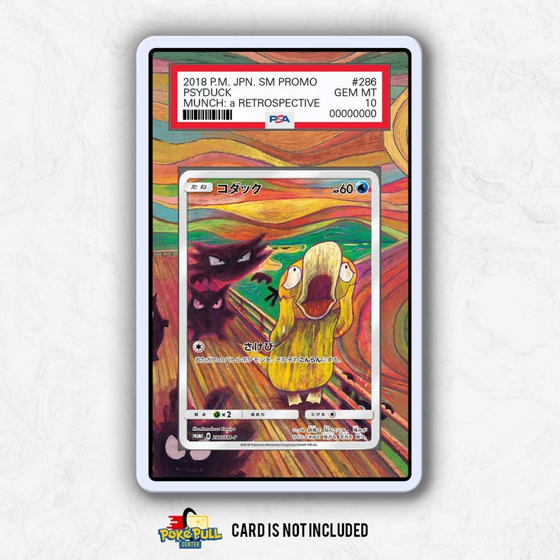 Puede incluir: Una tarjeta coleccionable graduada con una ilustraci&oacute;n de Psyduck inspirada en "El Grito" de Edvard Munch. La tarjeta est&aacute; dentro de un soporte protector con el texto "2018 P.M. JPN. SM PROMO PSYDUCK MUNCH: a RETROSPECTIVE." La tarjeta est&aacute; calificada GEM MT 10.