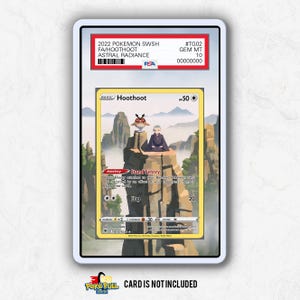 May include: A graded Pok&eacute;mon card featuring a HootHoot illustration from the Astral Radiance set. The card is encased in a protective holder with a PSA label, indicating a GEM MT 10 grade. The card's text includes "Stand Sentry" and "Flap".