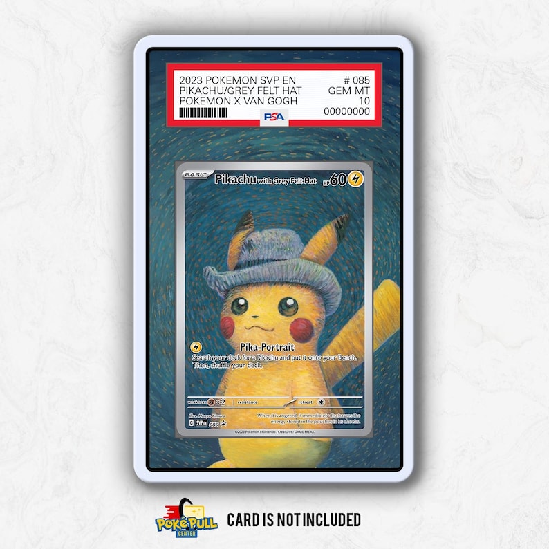 May include: A graded Pok&eacute;mon card featuring Pikachu wearing a gray felt hat, set against a Van Gogh-inspired background. The card is labeled "Pika-Portrait" and includes text. The card is encased in a protective holder.