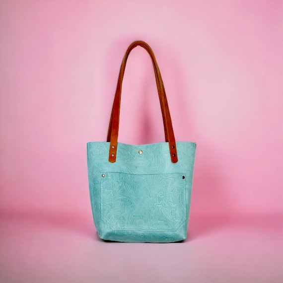 Full Grain Real Leather Authentic Cross-Body Aqua Embossed Leather Classic Tote Bags-Small-Medium-Large-Extra Large