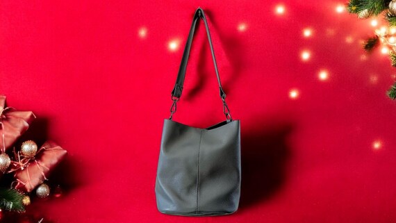 Full Grain Real Leather Pebbled Pewter Bucket Crossbody or Shoulder Bag Purse