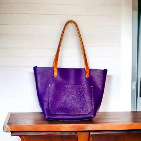 Full Grain Real Leather Authentic Pebbled Purple Leather Classic Tote Bags-Small-Medium-Large-Extra Large