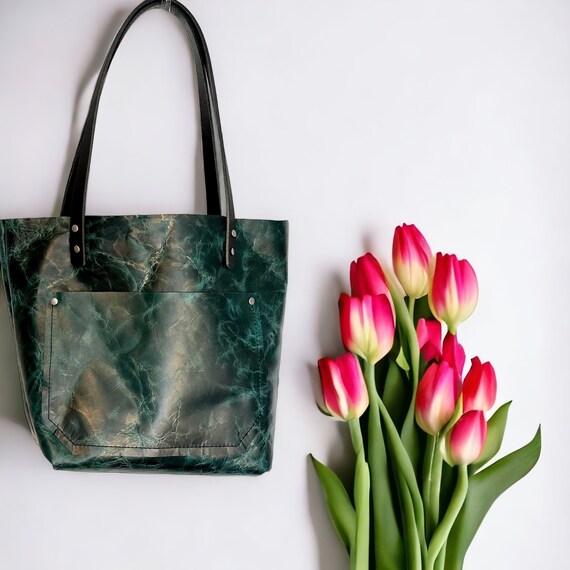 Full Grain Real Leather Authentic Green Rock Leather Classic Tote Bags-Small-Medium-Large-Extra Large