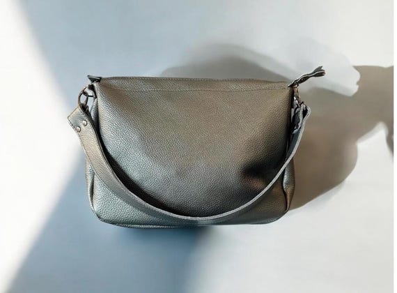Full Grain Real Leather Zipper Pebbled Pewter 1975 Boho Crossbody or Shoulder Bag Purse - Large