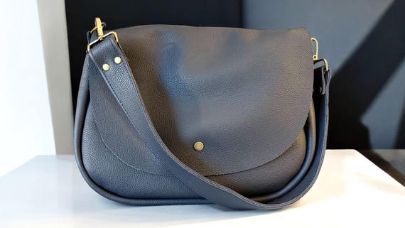 Full Grain Real Leather Authentic Pebbled Navy Saddle Bag Crossbody or Shoulder Bag Purse