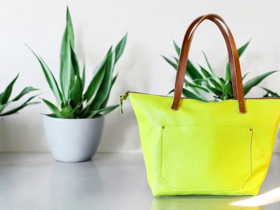 Full Grain Real Leather Authentic Zipper Pebbled Lime Green Leather Tote Bags-Small-Medium-Large-Extra Large