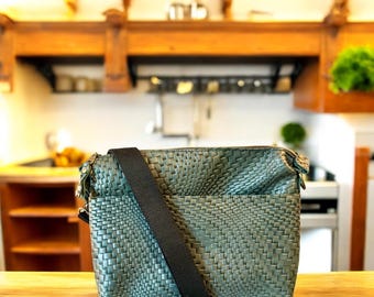 Full Grain Real Leather Authentic Zipper Forest Basket Weave Mini Stevie Crossbody or Shoulder Bag Purse