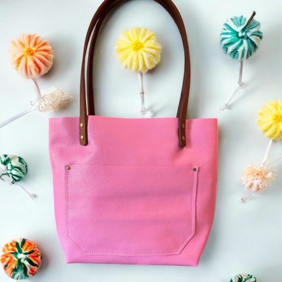 Full Grain Real Leather Authentic Pebbled Candy Pink Leather Classic Tote Bags-Small-Medium-Large-Extra Large