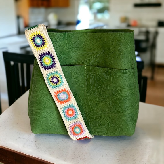 Full Grain Real Leather Authentic Embossed Granny Smith Stevie Crossbody or Shoulder Bag Purse