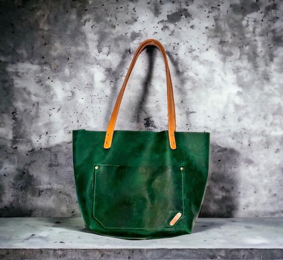 Full Grain Real Leather Zipper Rushmore Green Leather Tote Bags-Small-Medium-Large-Extra Large