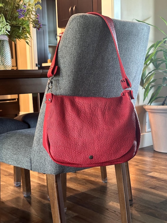 Full Grain Real Leather Authentic Large Pebbled Deep Red Saddle Bag Crossbody or Shoulder Bag Purse
