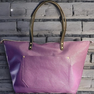 Full Grain Real Leather Authentic Zipper Pebbled Purple Leather Tote Bags-Small-Medium-Large-Extra Large