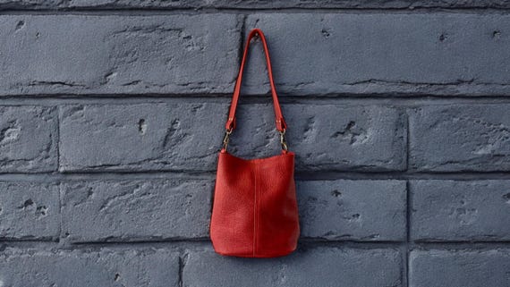 Full Grain Real Leather Rhino Red Bucket Crossbody or Shoulder Bag Purse