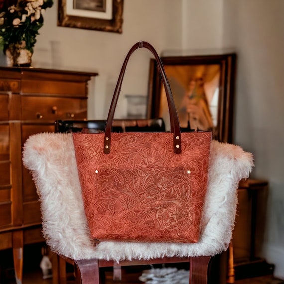 Full Grain Authentic Real Leather Embossed Deep Red  Leather Classic Tote Bags-Small-Medium-Large-Extra Large