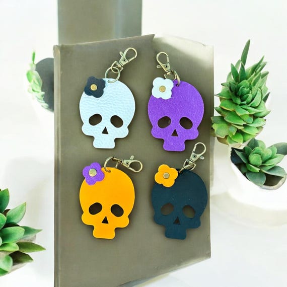 Full Grain Authentic Leather Black or White Skull Bag Charm