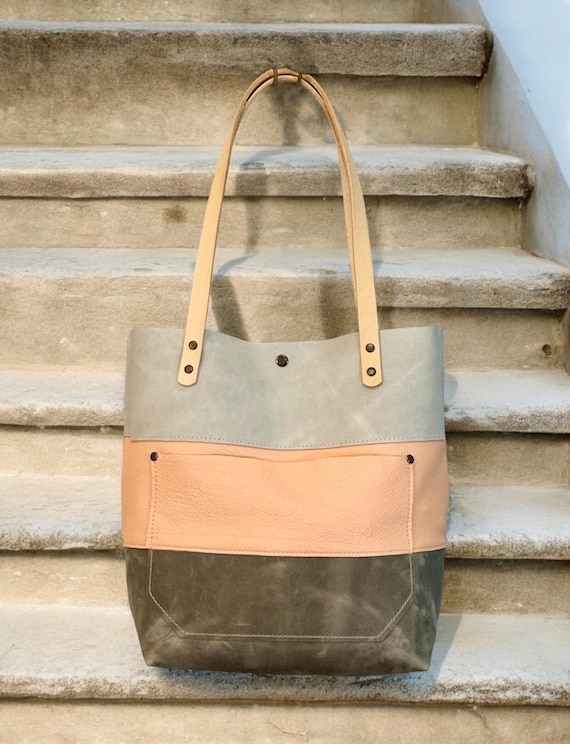 Full Grain Real Leather Cross-Body Cloud White, Peach, Slate Grey Gray Color Block Leather Classic Tote Bags-Small-Medium-Large-Extra Large