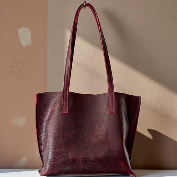 Full Grain Authentic Real Leather Black Cherry Dog Kevin Inside Out Tote
