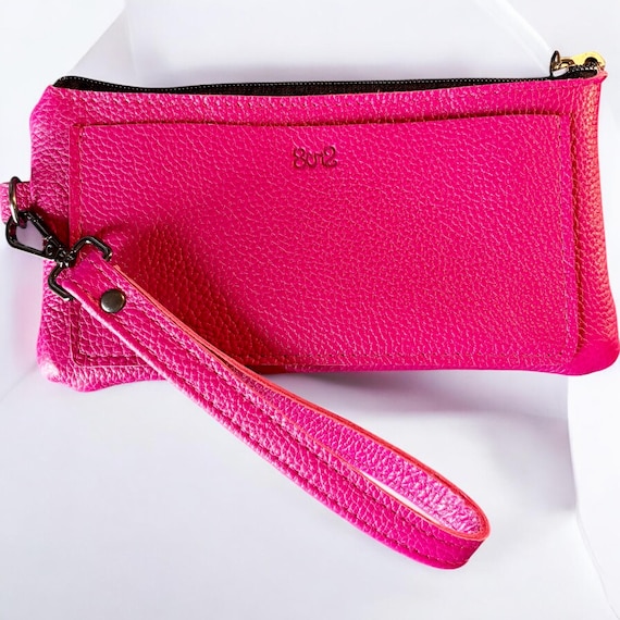Full Grain Real Leather Authentic Zipper Pebbled Fuscia Wristlet Cellphone Holder Purse