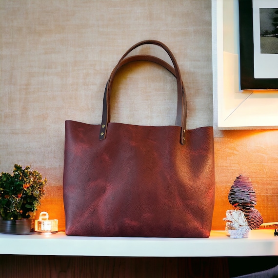 Full Grain Real Leather Zipper Rushmore Red East-West Leather Classic Tote Bags