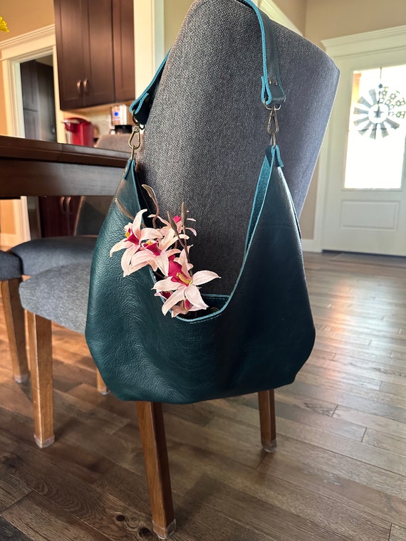 Full Grain Real Leather Authentic Dark Teal Hobo Crossbody or Shoulder Bag Purse