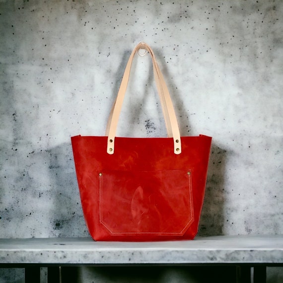 Full Grain Real Leather Authentic Magnetic Red Orange Leather Classic Tote Bags-Small-Medium-Large-Extra Large