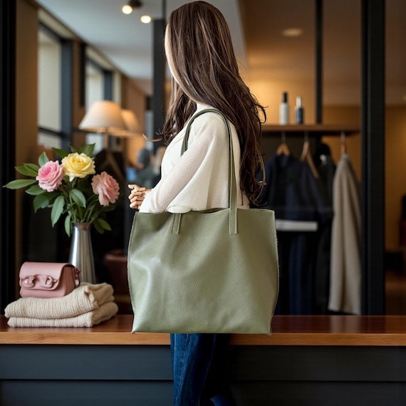 Full Grain Authentic Real Leather Pebbled Army Green Kevin Tote