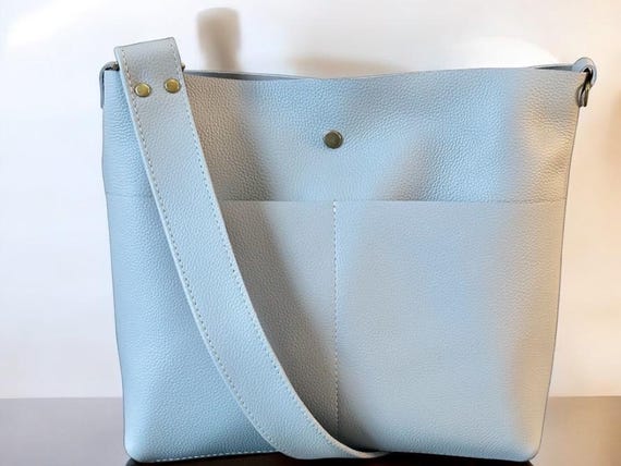 Full Grain Authentic Real Leather Blue Ice Super Stevie Crossbody or Shoulder Bag Purse