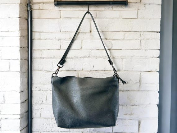 Full Grain Leather Zipper Pebbled Pewter Penny Shoulder Bag Purse or Crossbody Bag