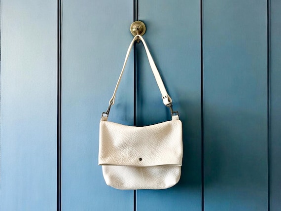 Full Grain Real Leather Authentic Ivory Cream Lucy Fold over Crossbody or Shoulder Bag Purse - Large