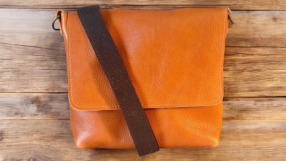 Full Grain Authentic Real Leather Orange Dog Upstate Satchel Messenger Bag Crossbody Purse