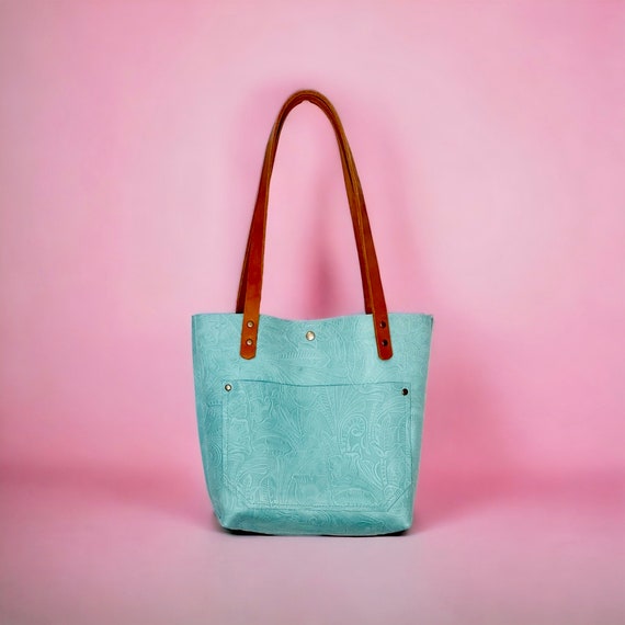 Full Grain Real Leather Authentic Embossed Aqua Leather Classic Tote Bags-Small-Medium-Large-Extra Large