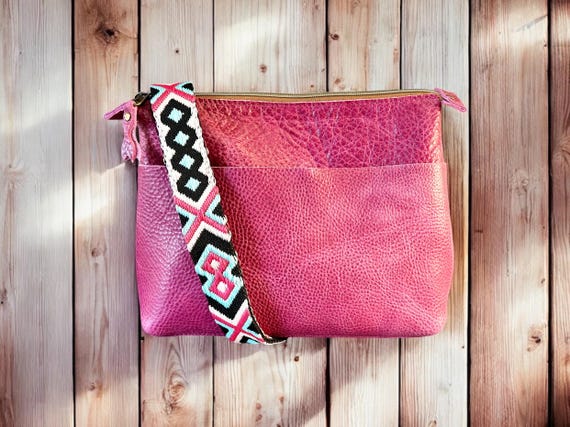Full Grain Real Leather Authentic Zipper Pink Dog Mini Stevie Crossbody or Shoulder Bag Purse