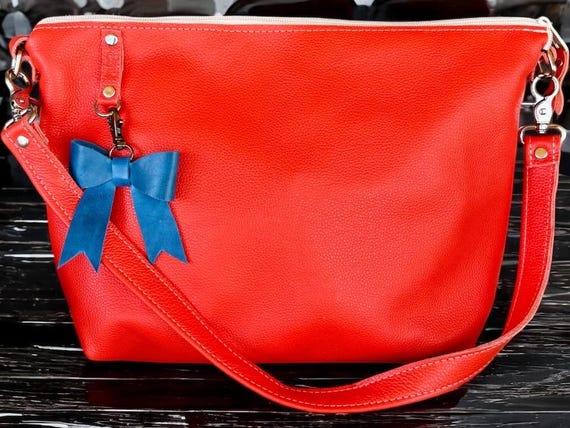 Full Grain Leather Zipper Pebbled Blood Orange Penny Shoulder Bag Purse or Crossbody Bag