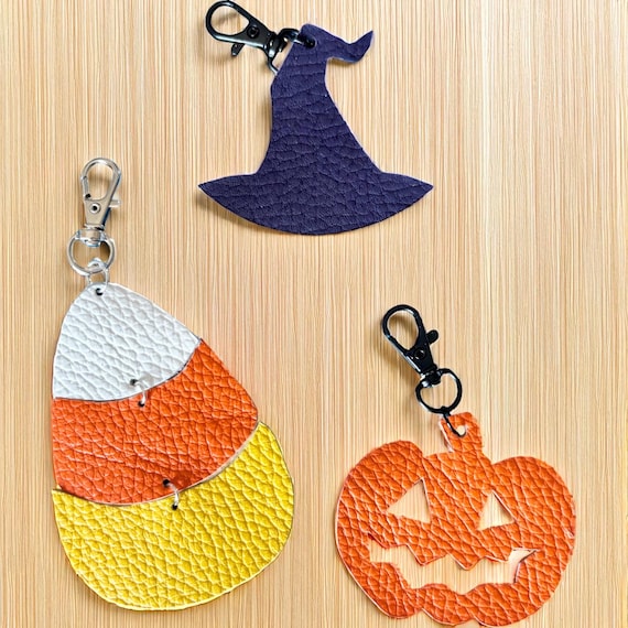 Full Grain Authentic Leather Witch Hat, Pumpkin & Candy Corn Bag Charm Bling Halloween Fall Flair Tassel