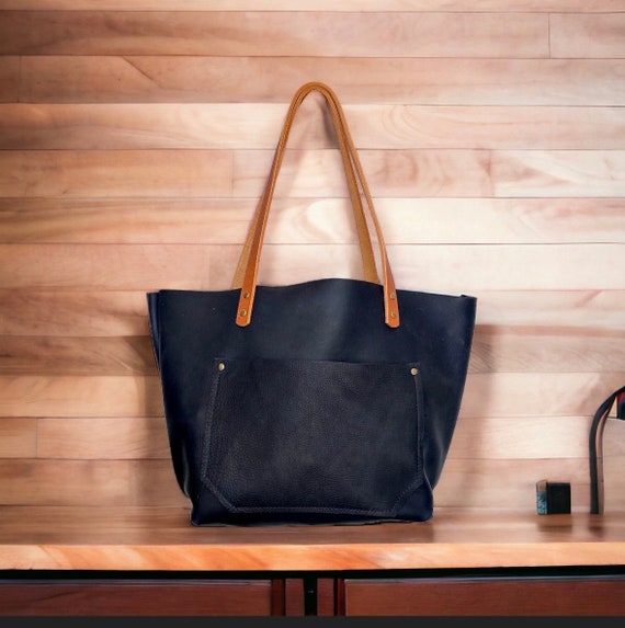 Full Grain Real Leather Zipper Rushmore Navy Leather Tote Bags-Small-Medium-Large-Extra Large