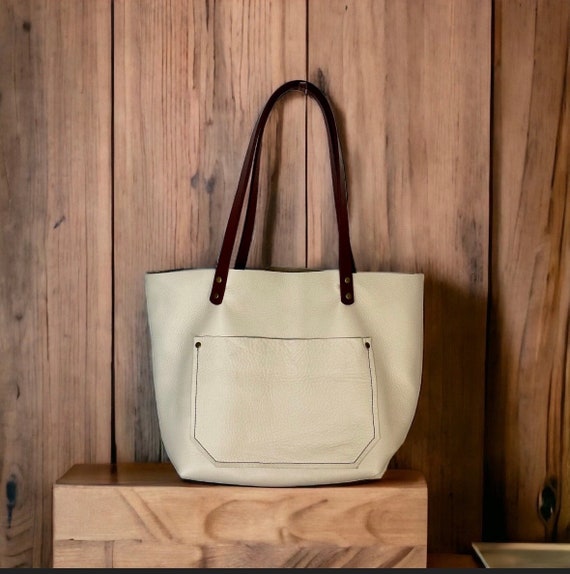 Full Grain Real Leather Zipper Pebbled Ivory Cream Leather Tote Bags-Small-Medium-Large-Extra Large