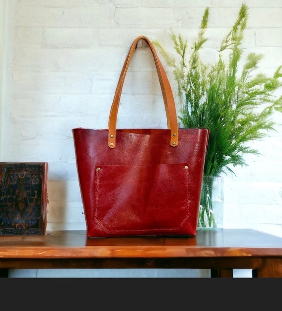 Full Grain Real Leather Zipper Red Leather Tote Bags-Small-Medium-Large-Extra Large