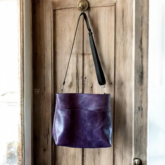 Full Grain Authentic Real Leather Icon Purple Super Stevie Crossbody or Shoulder Bag Purse
