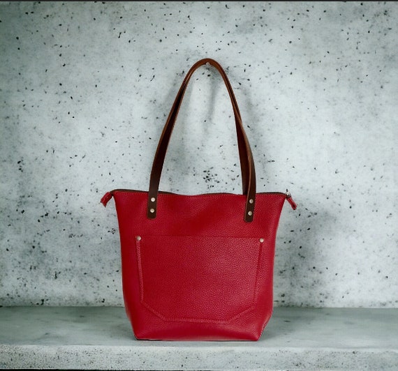 Full Grain Real Leather Authentic Zipper Red Tomato Leather Tote Bags-Small-Medium-Large-Extra Large