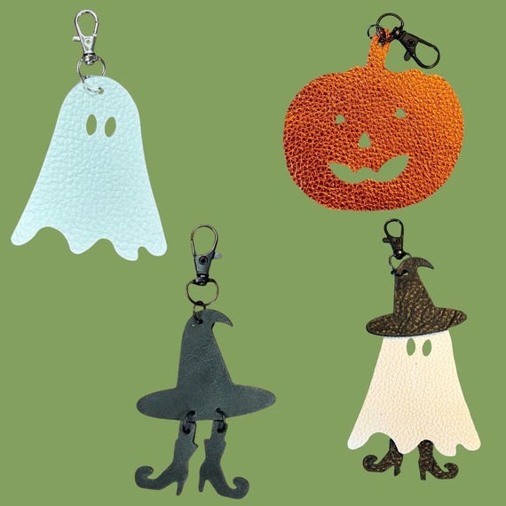 Full Grain Authentic Leather Ghost, Witch, Pumpkin & Ghost Witch Bag Charm Bling Halloween Flair Tassel