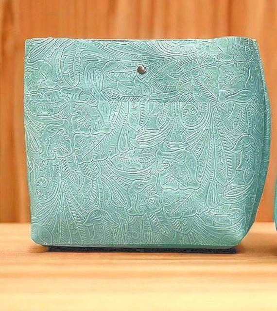 Full Grain Authentic Real Leather Aqua Embossed Super Stevie Crossbody or Shoulder Bag Purse