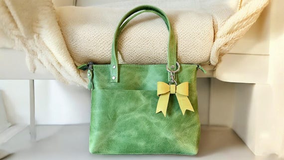 Full Grain Real Leather Authentic Zipper Granny Smith Mini Stevie Crossbody or Shoulder Bag Purse
