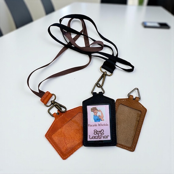 Authentic Genuine Real Full Grain Leather ID Lanyard Holder Vertical or Horizontal