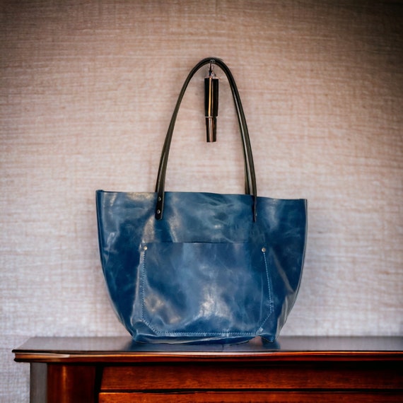 Full Grain Real Leather Authentic Icon Blue Leather Classic Tote Bags-Small-Medium-Large-Extra Large